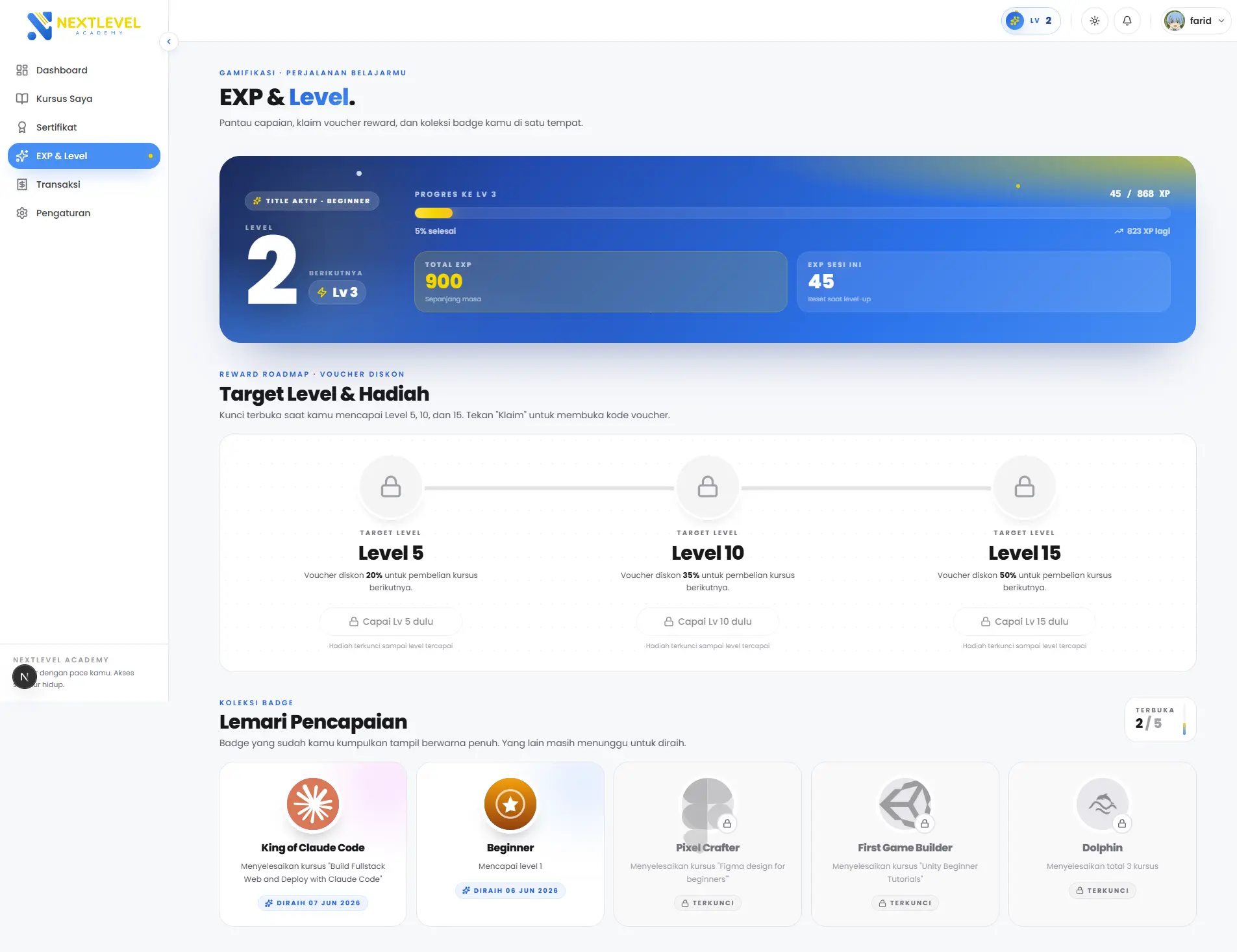 EXP gamification roadmap and milestone discount rewards